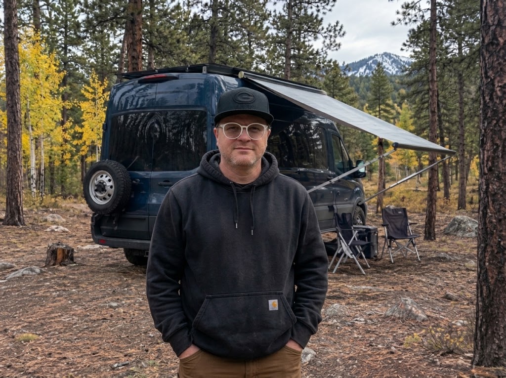 Joshua Busnelli standing in a pine forest in front of his dark blue Ford Transit, awning out.